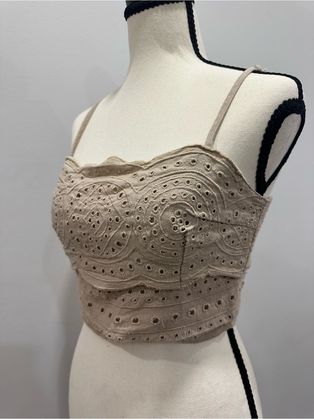 JASON WU Linen Tan Khaki Eyelet Crop Tank Top Cropped Beige Bralette Size 8